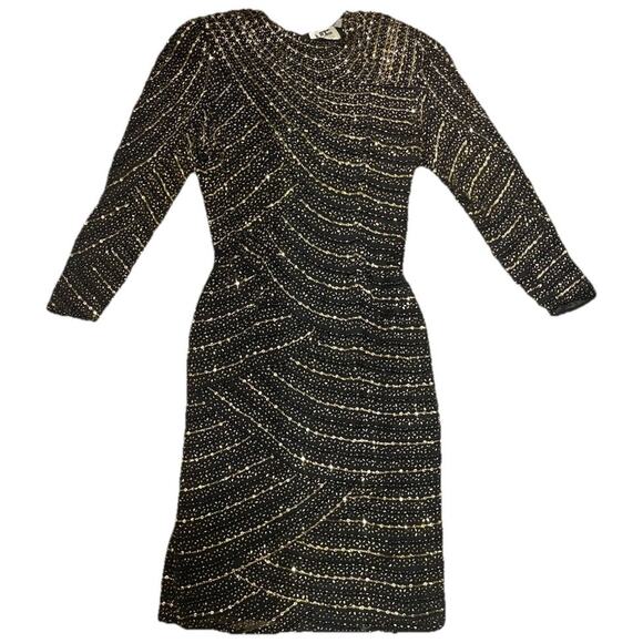 Niteline Dresses & Skirts - Vintage 80s Niteline Dress Black Gold All Over Beaded 100% Silk 12 Mob Wife Glam